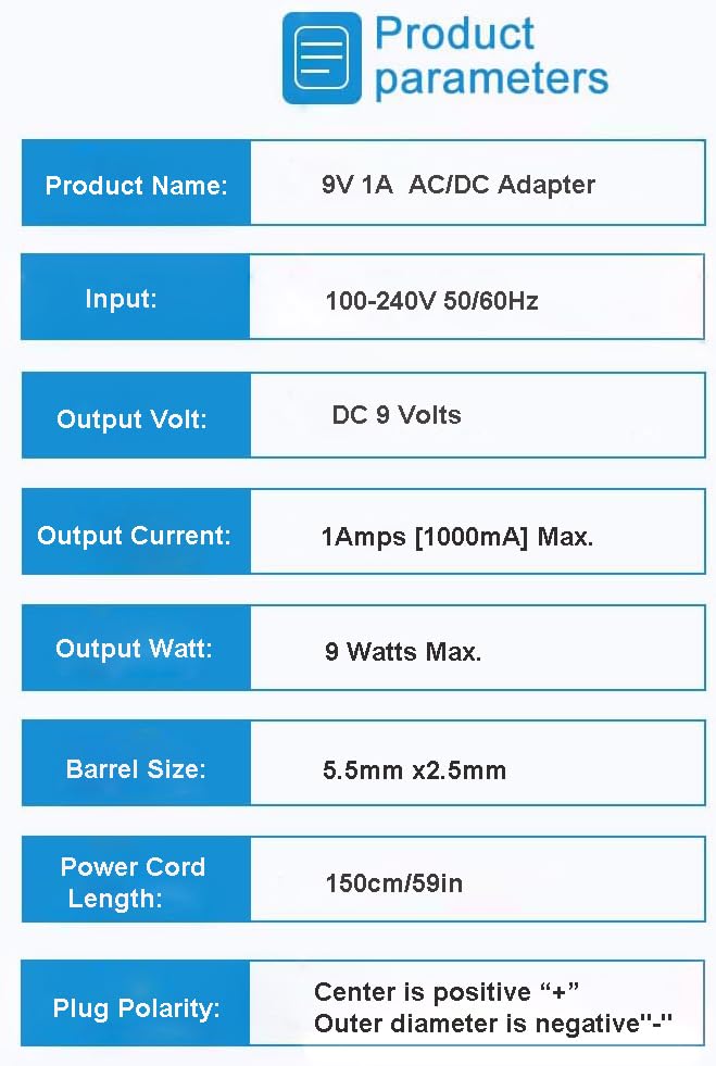9V 1A Power Supply, 100-240V AC to DC 9V 1000mA 0.85A 0.5A 250mA Adapter with Plug 5.5x2.5mm Center Positive, Black