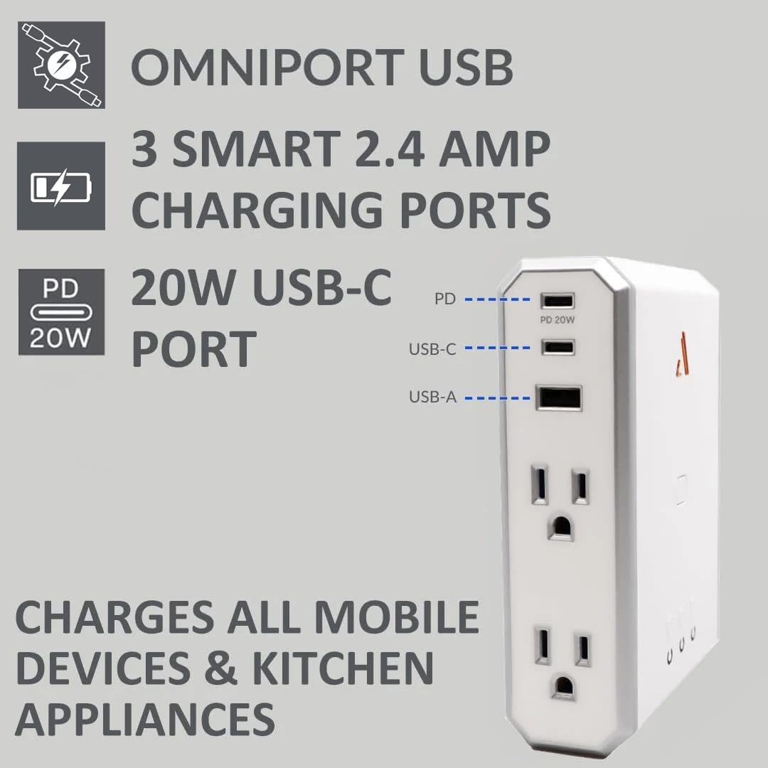 Austere V Series, Appliance Wall Power 4 Outlet Surge Protector for Kitchen, 3000 Joules, 1 USB-C 20W Fast Charger, 2.4 amps USB-C and A Ports
