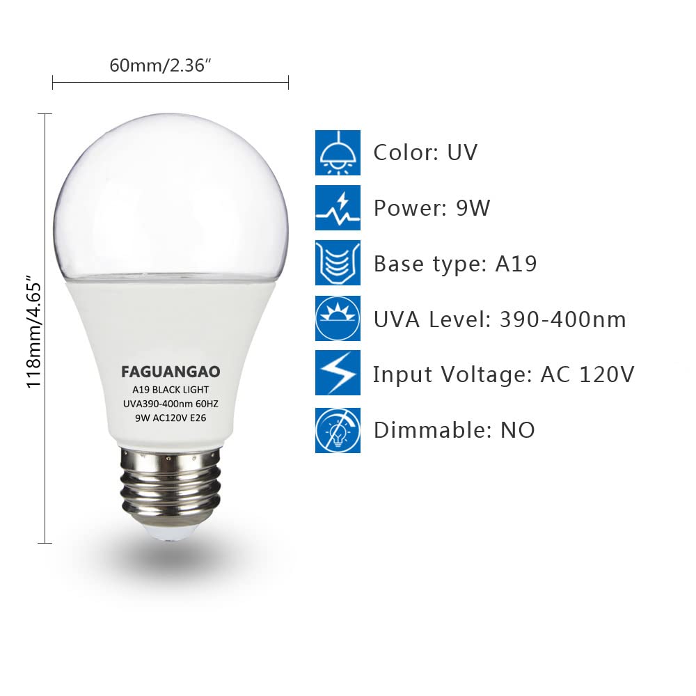 FAGUANGAO LED Black Light Bulb,9W(75Watt Equivalent) A19 UV Blacklight Bulb,120V,UVA Level 390-400nm,E26 Medium Base,Glow in The Dark for Blacklight