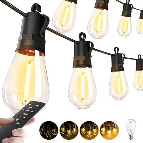 Outdoor String Lights Patio LED - Light Outside 50Ft 15M Waterproof Remote Dimmable S14 Porch Lighting Edison Plastic Bulb Pergola Hanging Balcony