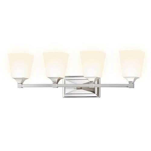 Ultralux 27 inch 4-Lamp Traditional LED White Frosted Glass Sconce Vanity Wall Mount Light Fixture, 560 Lumens 3000K, Brushed Nickel for Kitchen