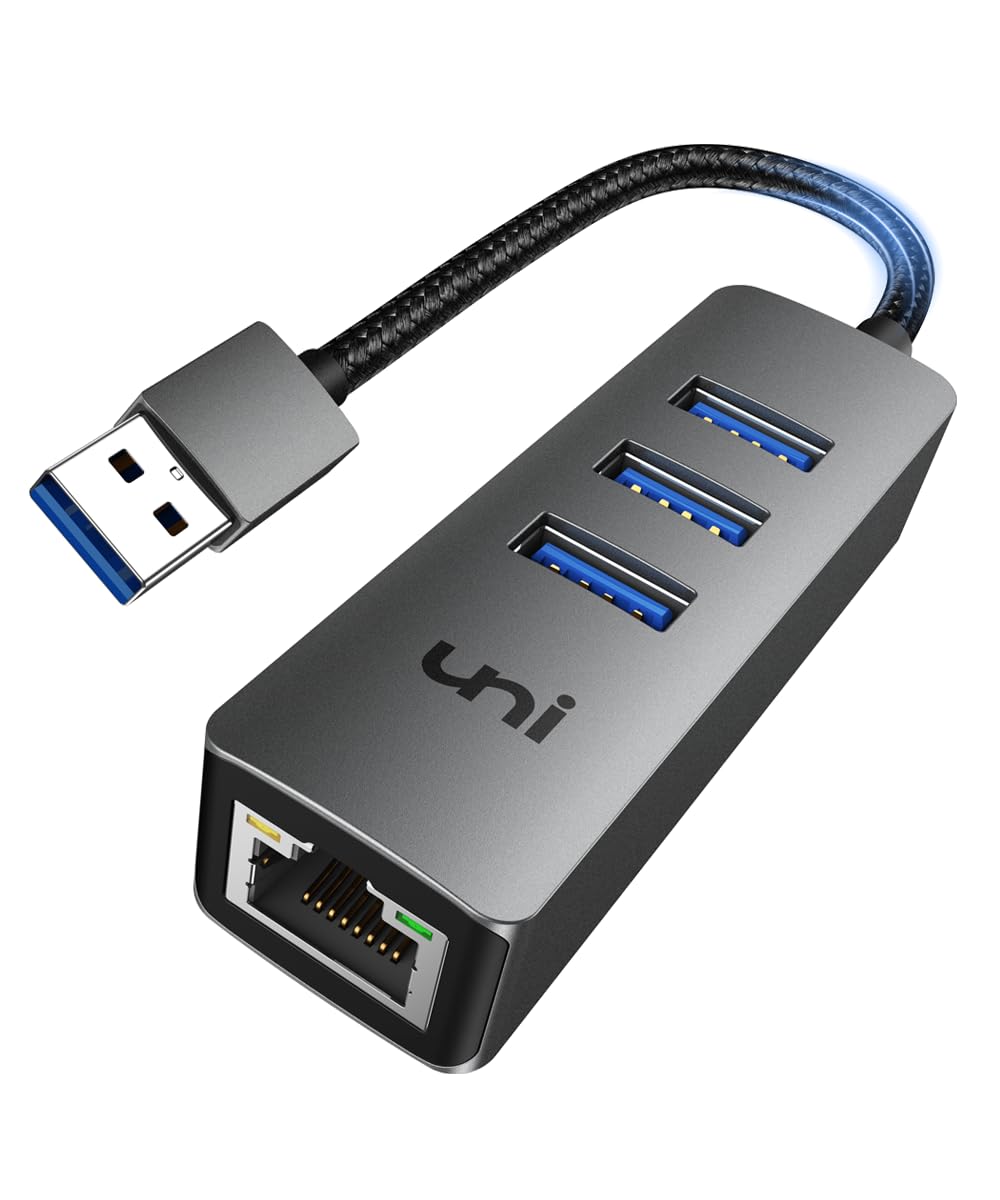 uni USB to Ethernet Adapter, USB 3.0 Hub with 100/1000 Mbps RJ45 Ethernet Driver Free, Sturdy Aluminum 4-in-1 USB-A to LAN Network Adapter Compatible