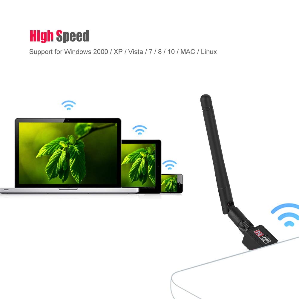 ASHATA USB 2.0 WiFi Adapter, 300Mbps Wireless Network Dongle with High Gain Antenna, 2.4GHz 802.11b/g/n, for PC/Desktop/Laptop/Tablet
