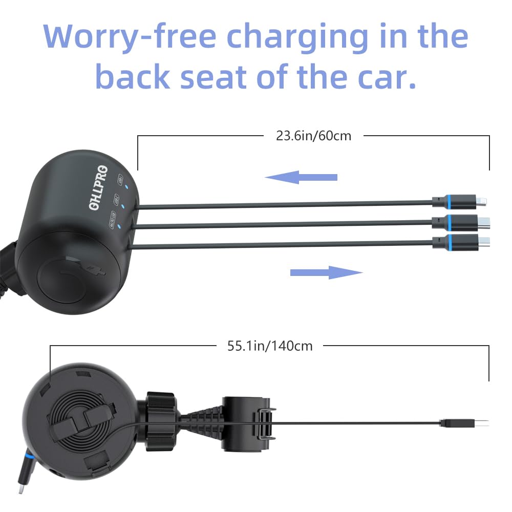 OHLPRO Multi Car Retractable Backseat 3 in 1 Car Charging Station Box Compatible with All Phones | iPhone | Samsung | Uber Taxi Lyft Turo Ride Share