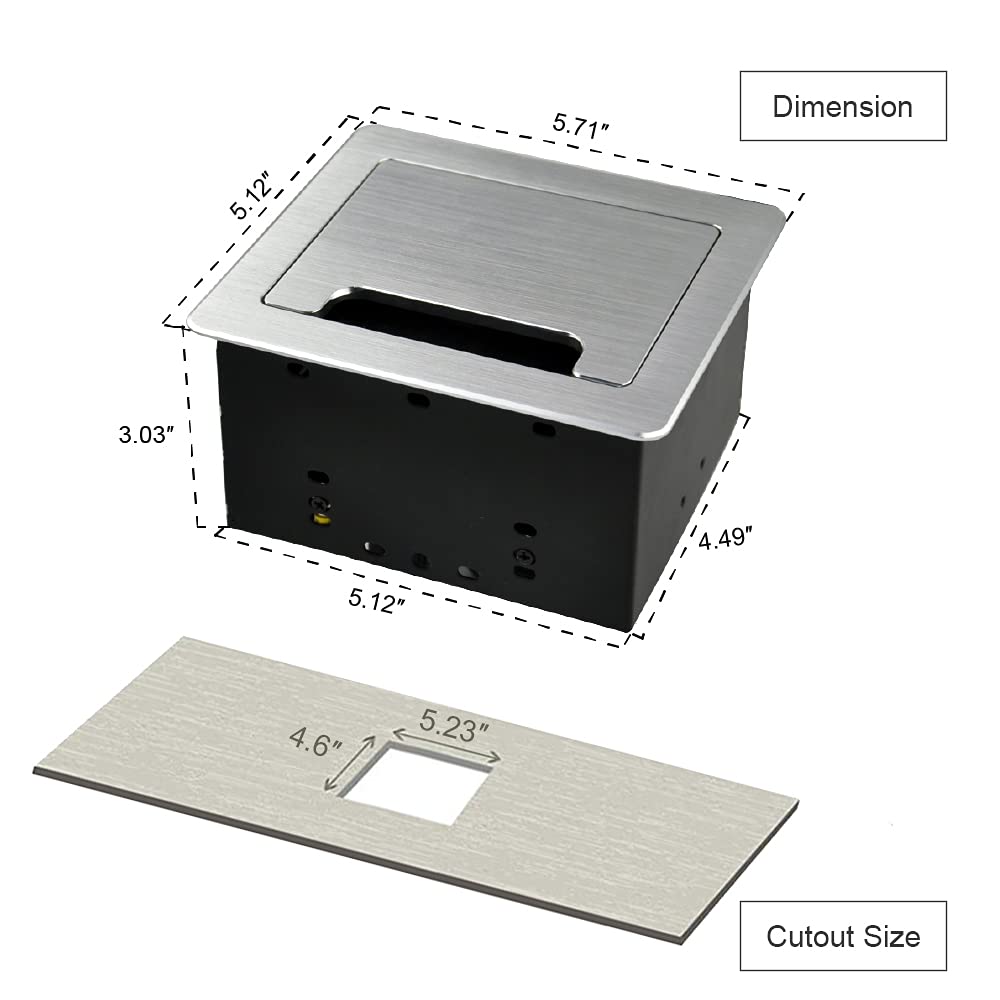 Tabletop Brush Connectivity Box with 2 AC Power + 2 USB Charger + HDMI + 1 3.5mm Audio + USB-C Data + RJ45(cat6) for Conference (Silver)