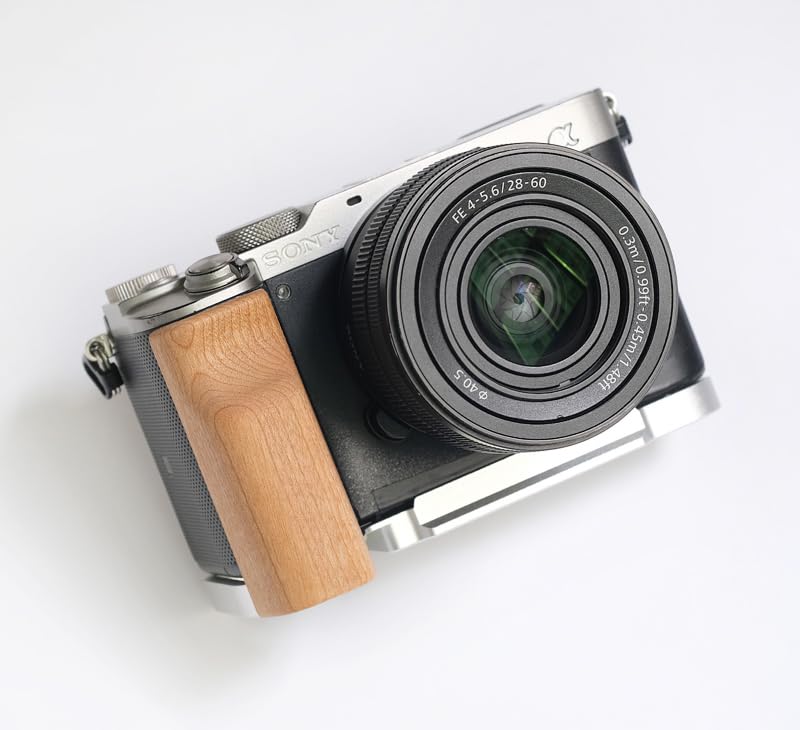 QR L Handle Hand Grip Wood Handle + Alloy Baseplate for Sony A7C Camera Holder (Cherrywood + Sliver Alloy Baseplate)