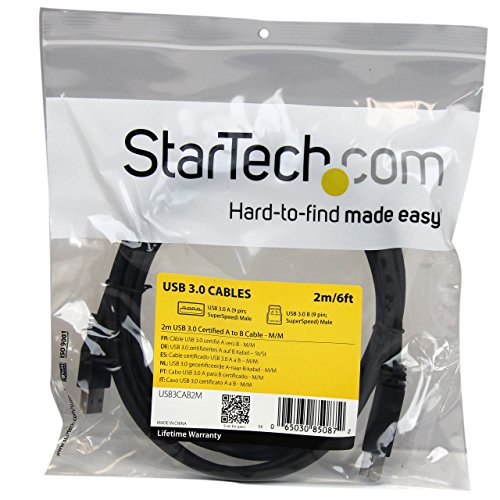 StarTech.com 2m 6 ft Certified SuperSpeed USB 3.0 A to B Cable Cord - USB 3 Cable - 1x USB 3.0 A (M), 1x USB 3.0 B (M) - 2 meter, Black (USB3CAB2M)