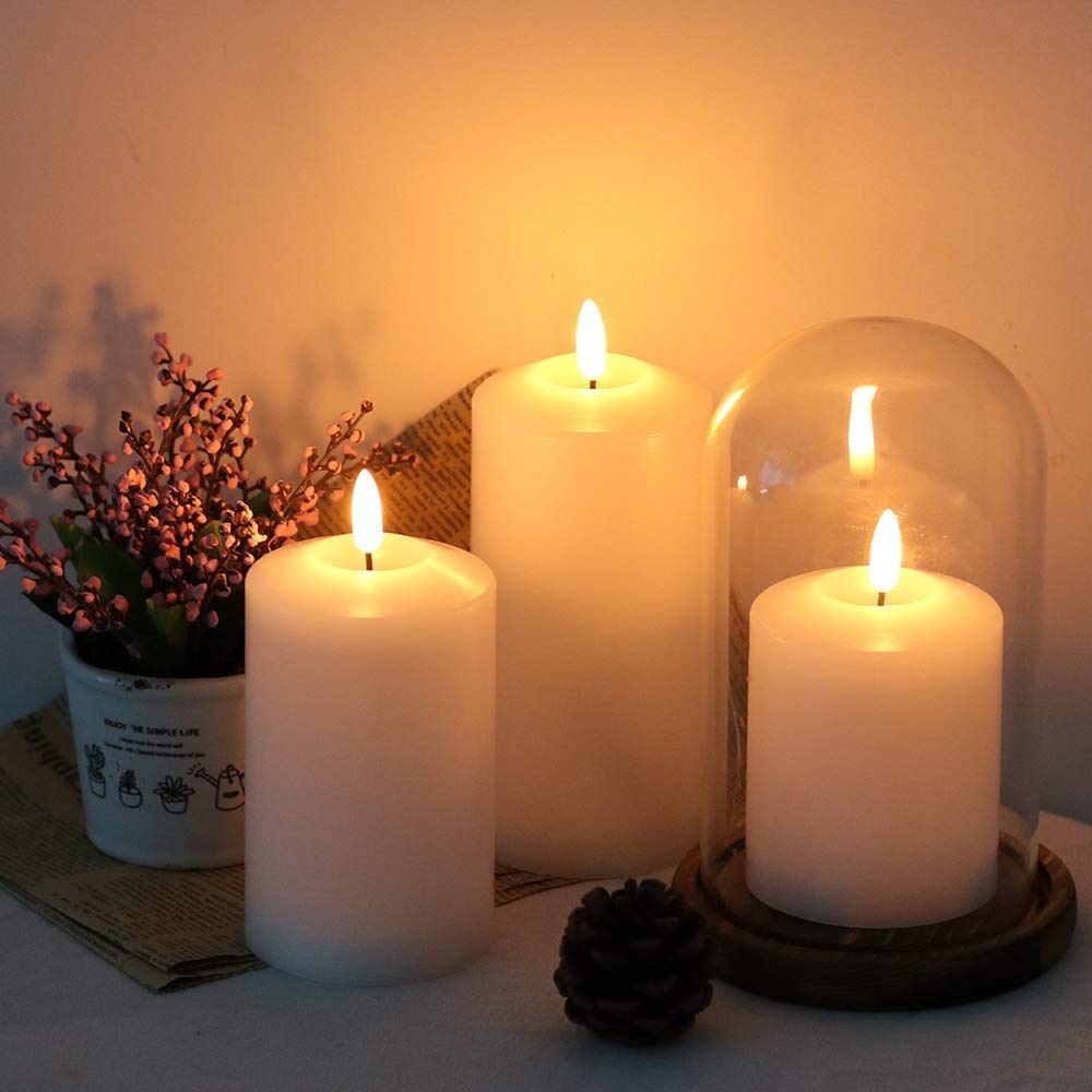 GenSwin Flameless Flickering Candles 3D Wick Battery Operated with 6H Timer, Real Wax Pillar LED Votive Candles Warm Light, Set of 3 Perfect