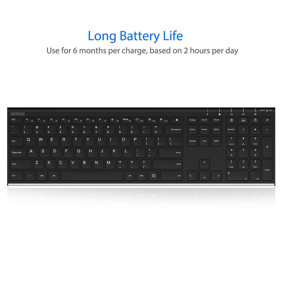 Arteck 2.4G Wireless Keyboard Stainless Steel Ultra Slim Full Size Keyboard with Numeric Keypad for Computer/Desktop/PC/Laptop/Surface/Smart TV