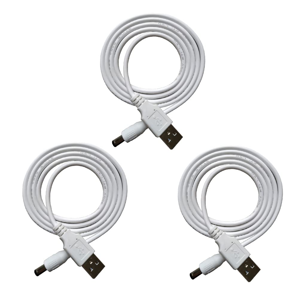 DZYDZR 3pcs Extension Cable USB to DC Cable - 5V USB 2.0 Port Male to DC 5V Male 5.5mm x 2.5mm Power Cord White 100cm(3.3ft)