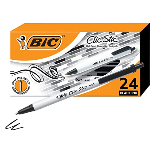 BIC Clic Stic Black Retractable Ballpoint Pens, Medium Point (1.0 mm), School Supplies for Students and Teachers, 24-Count Pack in Black