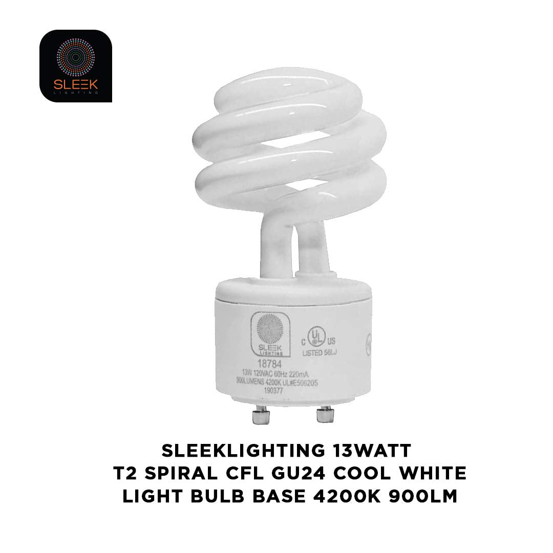 SLEEKLIGHTING - 13Watt GU24 Base 2 prong light bulbs- UL approved-120v 60Hz - Mini Twist Lock Spiral -Self Ballasted CFL Two Pin Fluorescent Bulbs