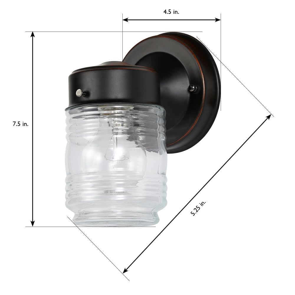 Design House Jelly Jar 1 Light Wall Light, Oil Rubbed Bronze, Outdoor Downlight, Clear Glass, Wet Rated, 7.5 in H x 4.5 in L x 5.25 in W, 60W Medium