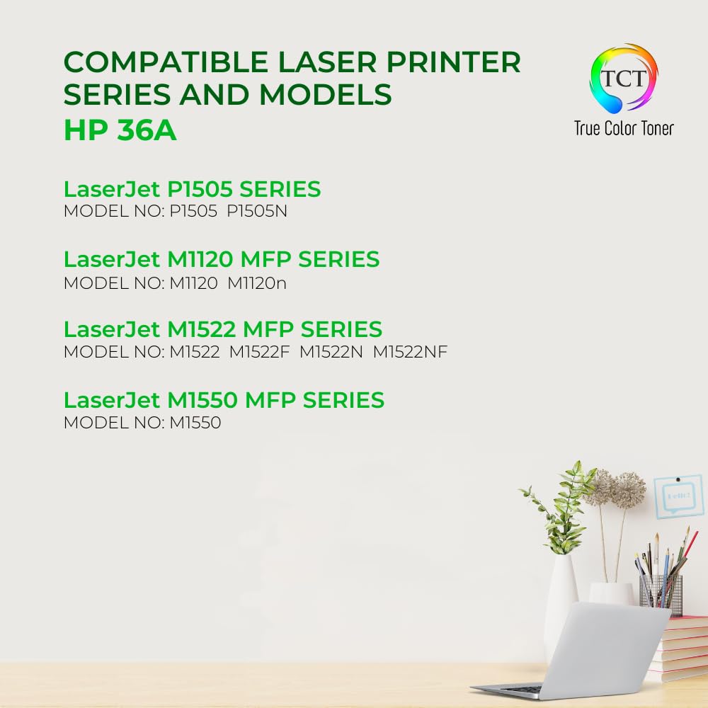 TCT 36A Toner Cartridge - Compatible Replacement for HP 36A CB436A Black Works with HP LaserJet P1505 P1505N M120 M120N M1522 1522F M1522N M1522NF