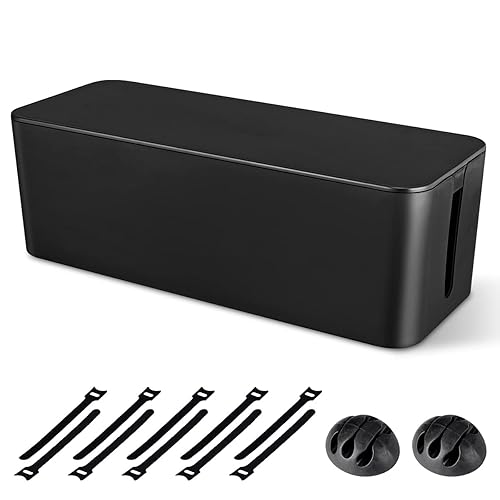 Cable Management Box, Large Cord Organizer Box to Hide Power Strip & Under Desk,TV Computer Wires Cable Organizer Hider Box with Cable Clips&Reusable