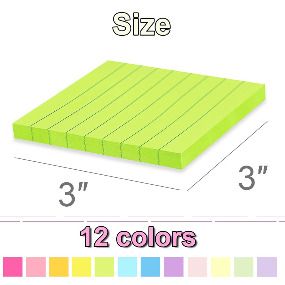 (24 Pack) Lined Sticky Notes 3x3 in,Bright Notepads with Lines