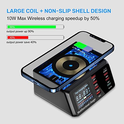 USB Charger Hub ASOMETECH 100W 8-Port Desktop Multiple USB Charging Station with PD Port, Quick Charge 3.0 Port, Wireless Charger, LCD Display Fast