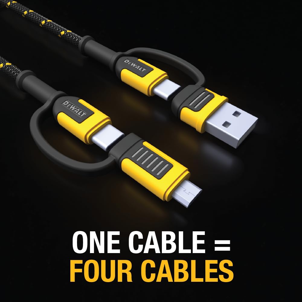 DEWALT Heavy Duty 4-in-1 Cable, Type C/MicroUSB/USB Cables for iPhone 17/16/15 iPad, USBC All in One Charging Cable, HTC, LG, Samsung Galaxy, Android