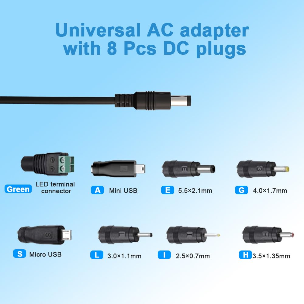 ENGFYADSY 5V 2A Power Supply Adapter, 100V-240V AC Power Adapter Wall Charger with 8 Tips for TV Box, Camera, Speaker,Router & More DC 5V Devices