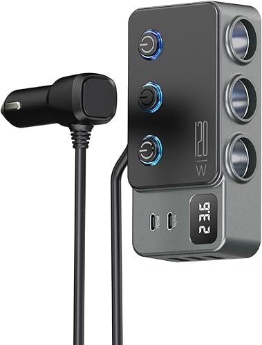 8-in-1 Car Cigarette Lighter Splitter, QC3.0 3 USB Ports & 2 Type-C PD 35W Fast & Safe Charging,3 Sockets with Independent/ Master Switches, Real-Time