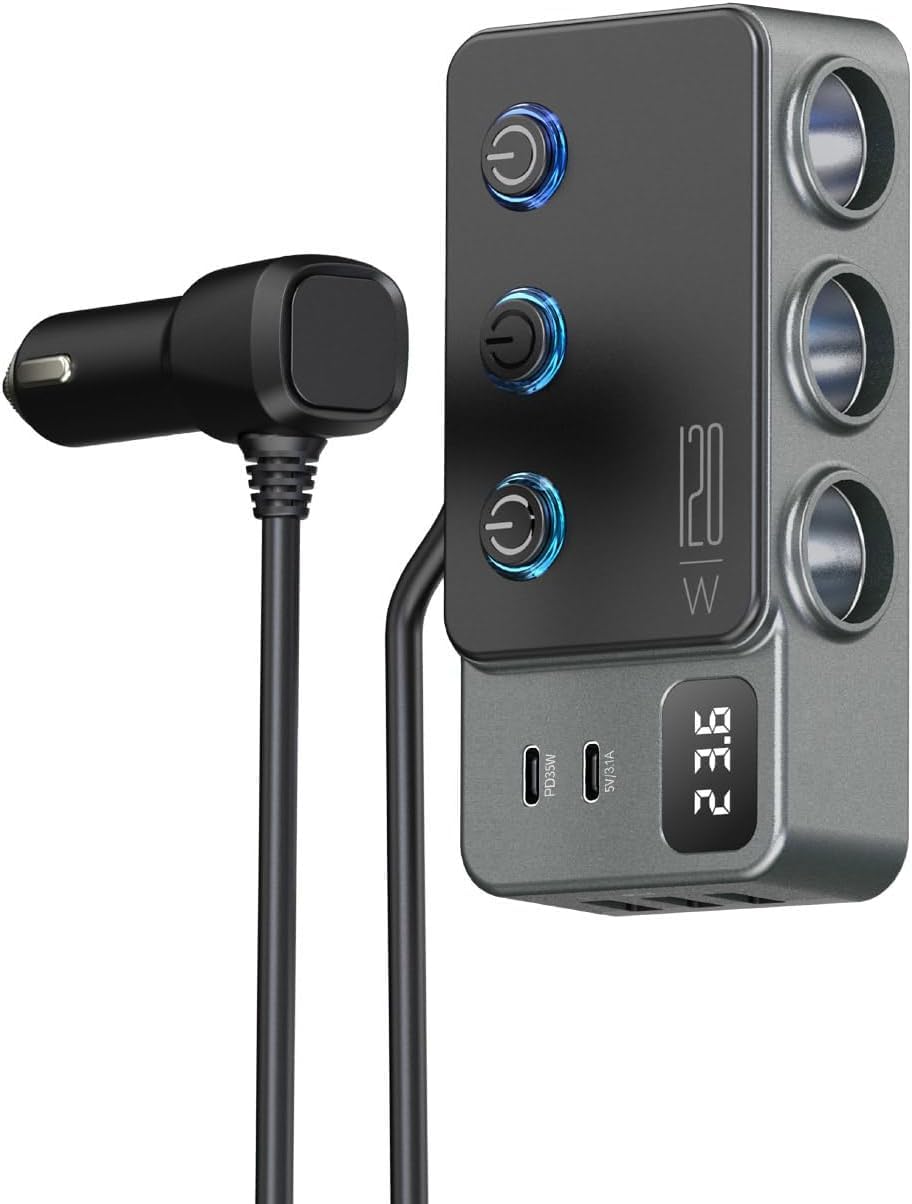 8-in-1 Car Cigarette Lighter Splitter, QC3.0 3 USB Ports & 2 Type-C PD 35W Fast & Safe Charging,3 Sockets with Independent/ Master Switches, Real-Time