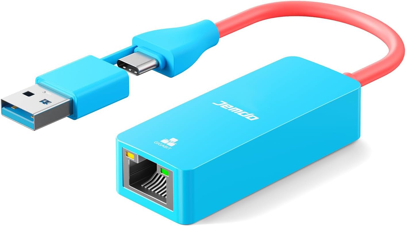 JEMDO Ethernet Adapter,1000Mbps with 2-in-1 USB C/USB 3.0?Gigabit RJ45 LAN Network Adapter?Compatible with Nintendo Switch?Laptop?MacBook?Mac