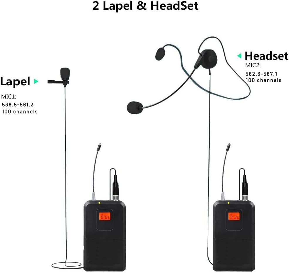 innopow 200-Channel Wireless Lavalier Microphone, Dual UHF Bodypack Cordless Lavalier Mic System Set, Auto Scan, Long Range 200-240Ft, 16 Hours Use
