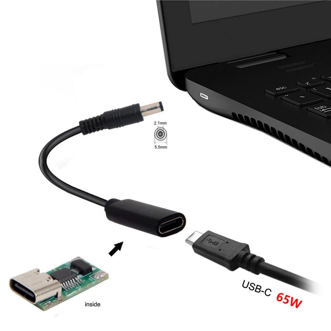 chenyang USB C to DC 20V 5.5x2.1mm PD 65W Charge Cable Type-C Female Input to DC Output for Laptop