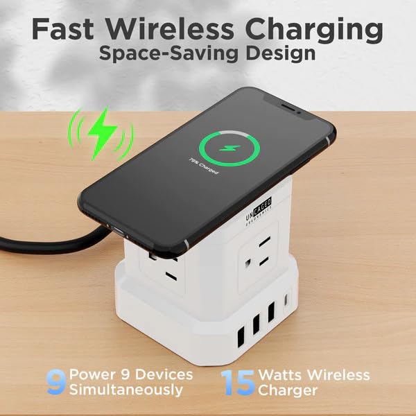 Uncaged Ergonomics Wireless Cube Charger & Power Strip with USB Ports, Surge Protection, 10ft Extension Cord with Wireless Charger, 4 AC Plugs & 3 USB