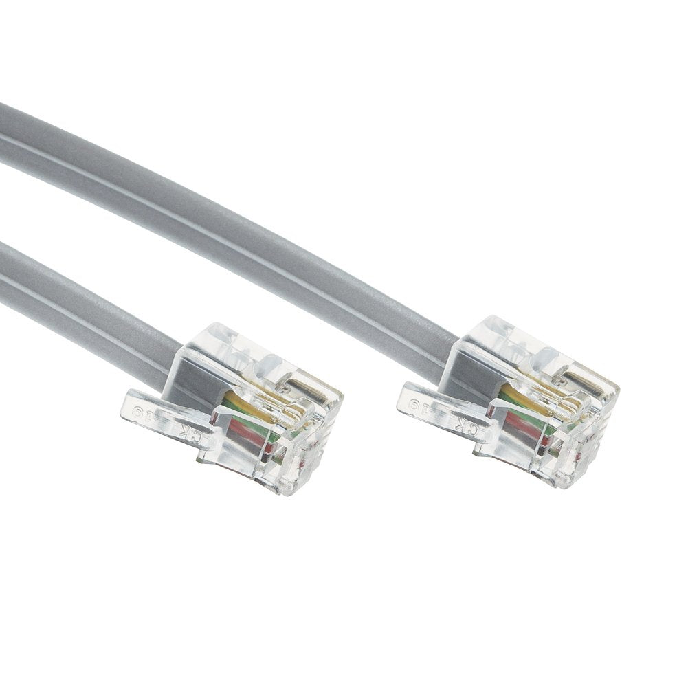 TENINYU RJ9 4P4C 4 Conductor Straight Modular Telephone Data Extension Flat Cord Cable Silver 7FT 2PACK