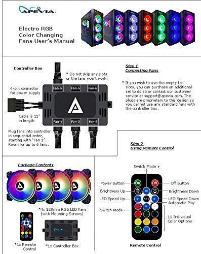 Apevia ET4-RGB Electro 120mm Silent RGB Color Changing LED Fan for Gaming with Remote Control, 28x LEDs & 8X Anti-Vibration Rubber Pads (4-pk)
