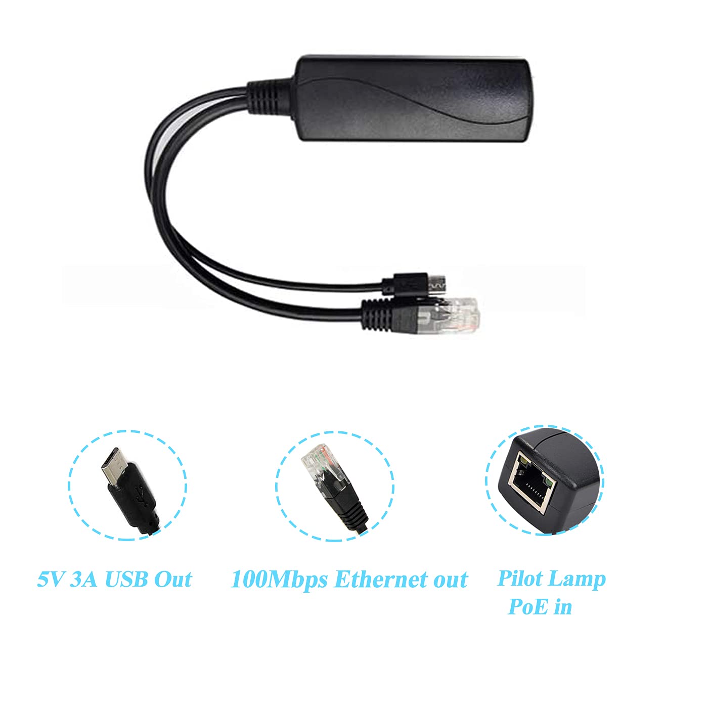 Revotech Micro USB PoE Splitter 5V 3A, IEEE 802.3af/at Standard 10/100Mbps for Raspberry Pi 3B, Tablets, Dropcam Power Over Ethernet USB Splitter