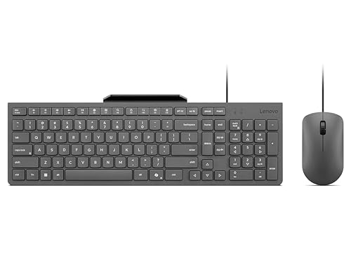 Lenovo 310 USB-A Wired Keyboard Mouse Combo, Quiet Keys, Ultra-Slim Gaming Design, Spill-Resistant, Integrated Phone Stand, Compatible w Laptop, PC