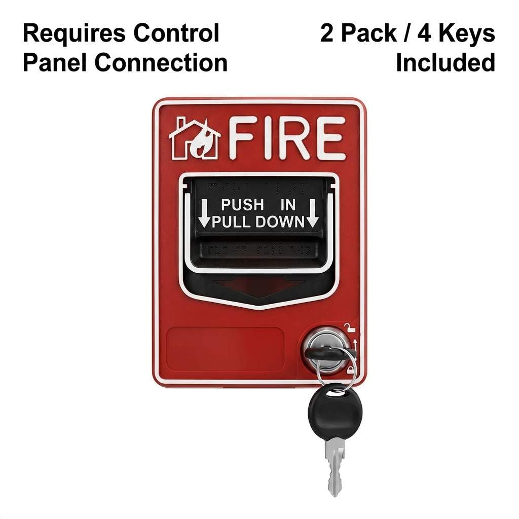 QWORK Dual Action Fire Alarm Call Point 9-28VDC - 2Pack Wired Manual Pull Station with Key Reset for Labs, Warehouses & Workshops