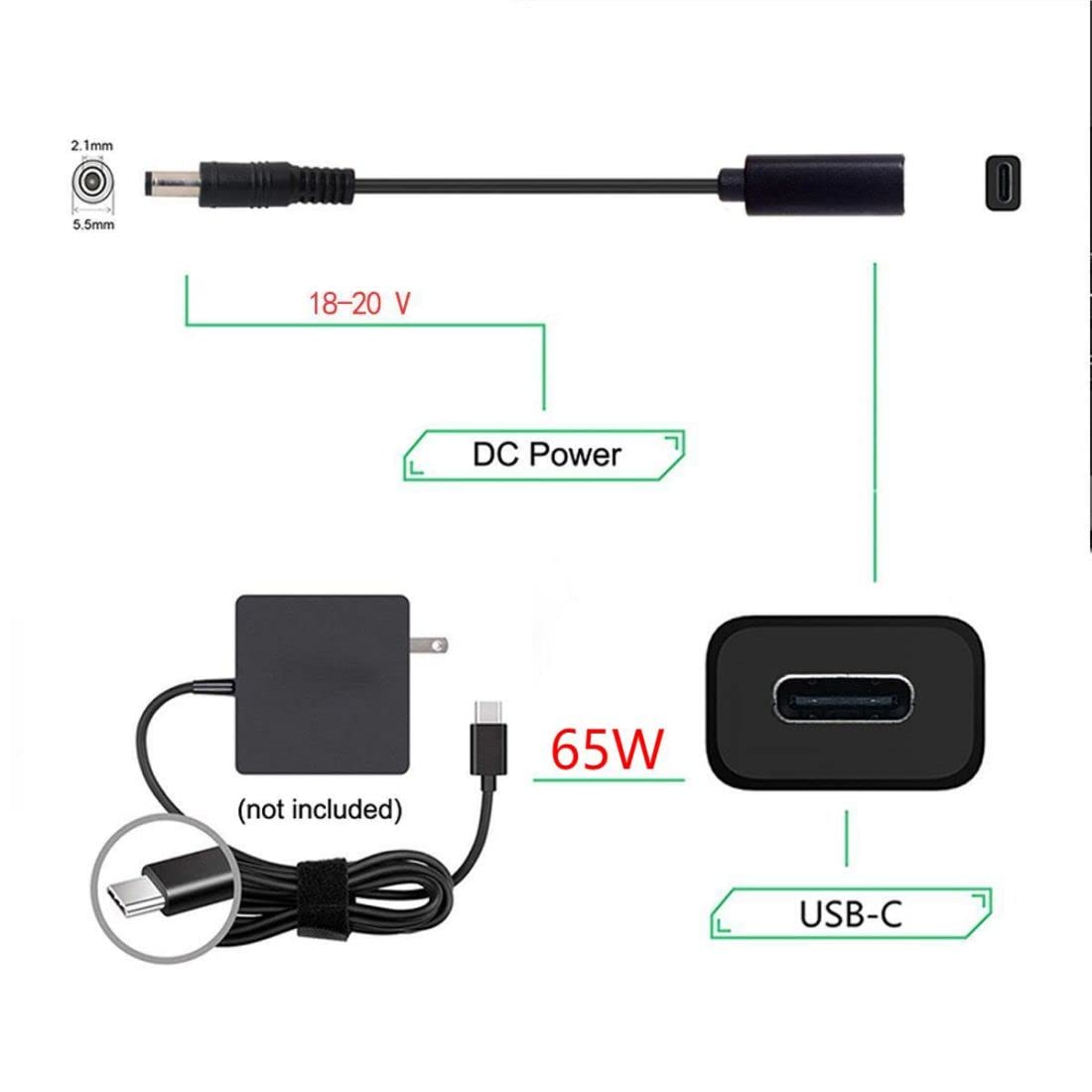 chenyang USB C to DC 20V 5.5x2.1mm PD 65W Charge Cable Type-C Female Input to DC Output for Laptop