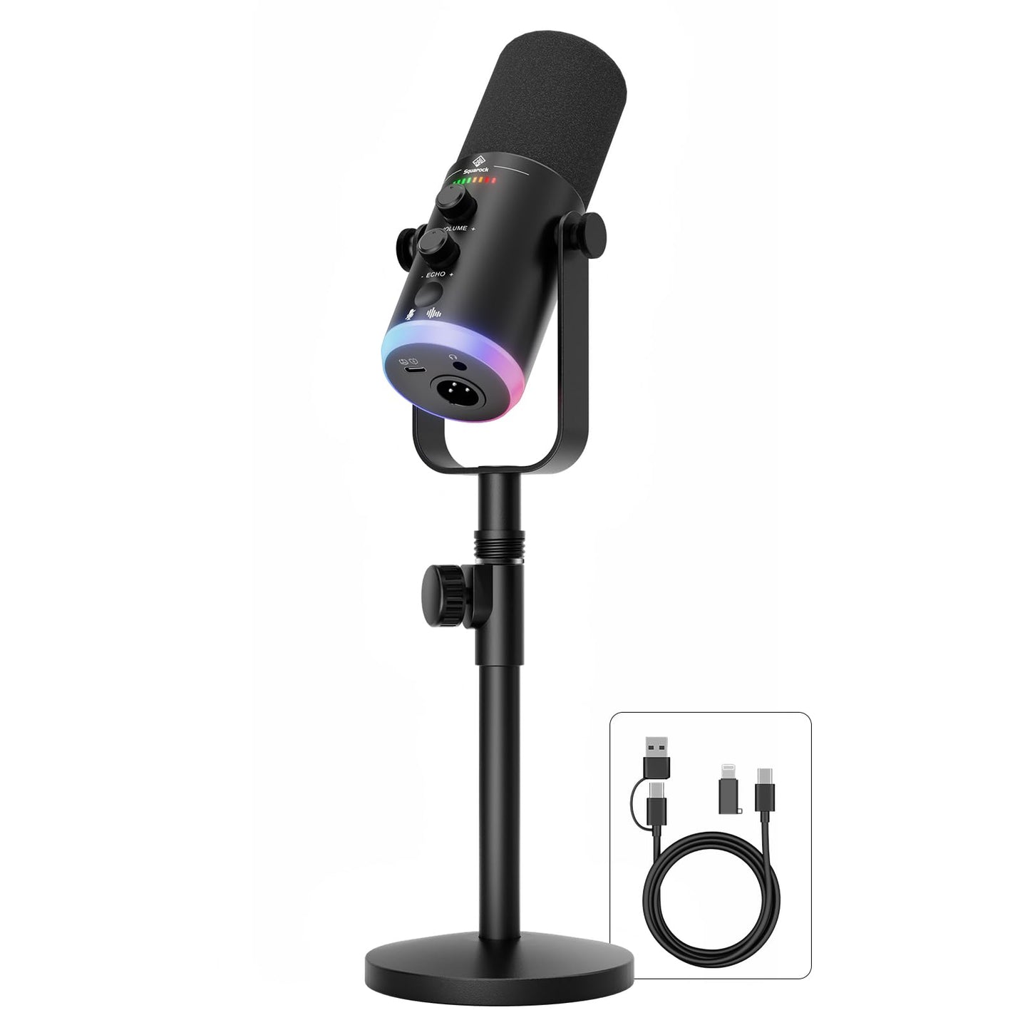 SquarockTek USB/XLR Dynamic Podcast Microphone with RGB Lighting, PC Gaming Streaming Mic with Mute Button, Headphone Jack and Desktop Stand TX2