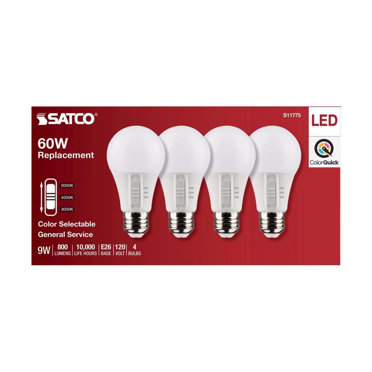 Satco S11775 9W 120V A19 LED Light Bulb; E26 Medium Base; CCT Selectable; White Finish; 90 CRI (4 LED Bulbs)
