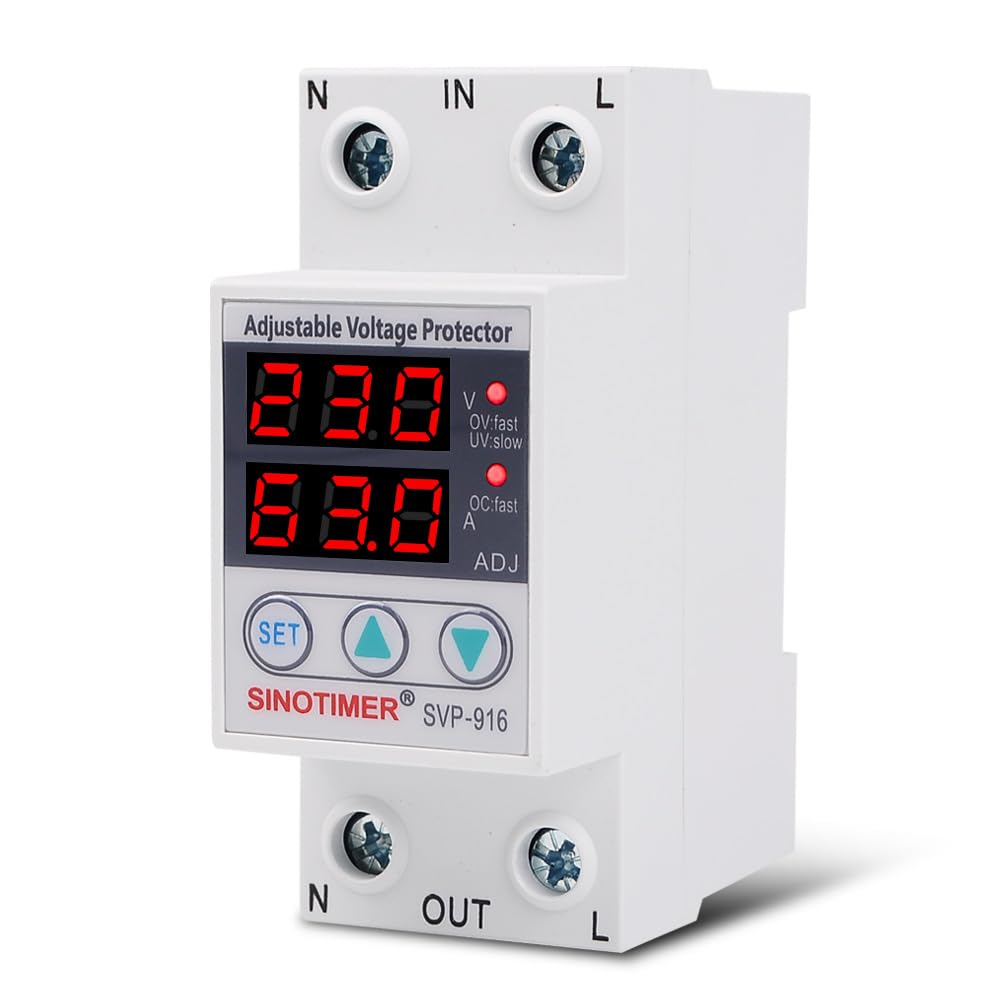 220VAC 60Hz 63A Over/Under Voltage Protection Device Voltage Current Protector, 2 Red LED Displays, Single Phase Low Voltage Monitor, Din Rail
