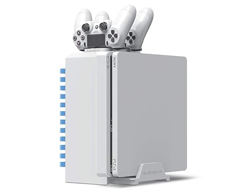 ElecGear Games Disk Tower, Vertical Stand, Dual Charger White Blu-ray DVD Disc Storage Organizer Holder, PS4 Controller Twin Charging Station