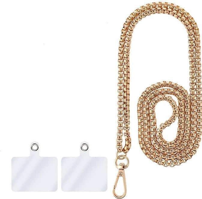 1 Set Golden Fashionable Metal Phone Chain Holder,Exquisite Universal Cell Phone Crossbody Neck Lanyard with Tether Pads Adjustable Phone Wrist Strap