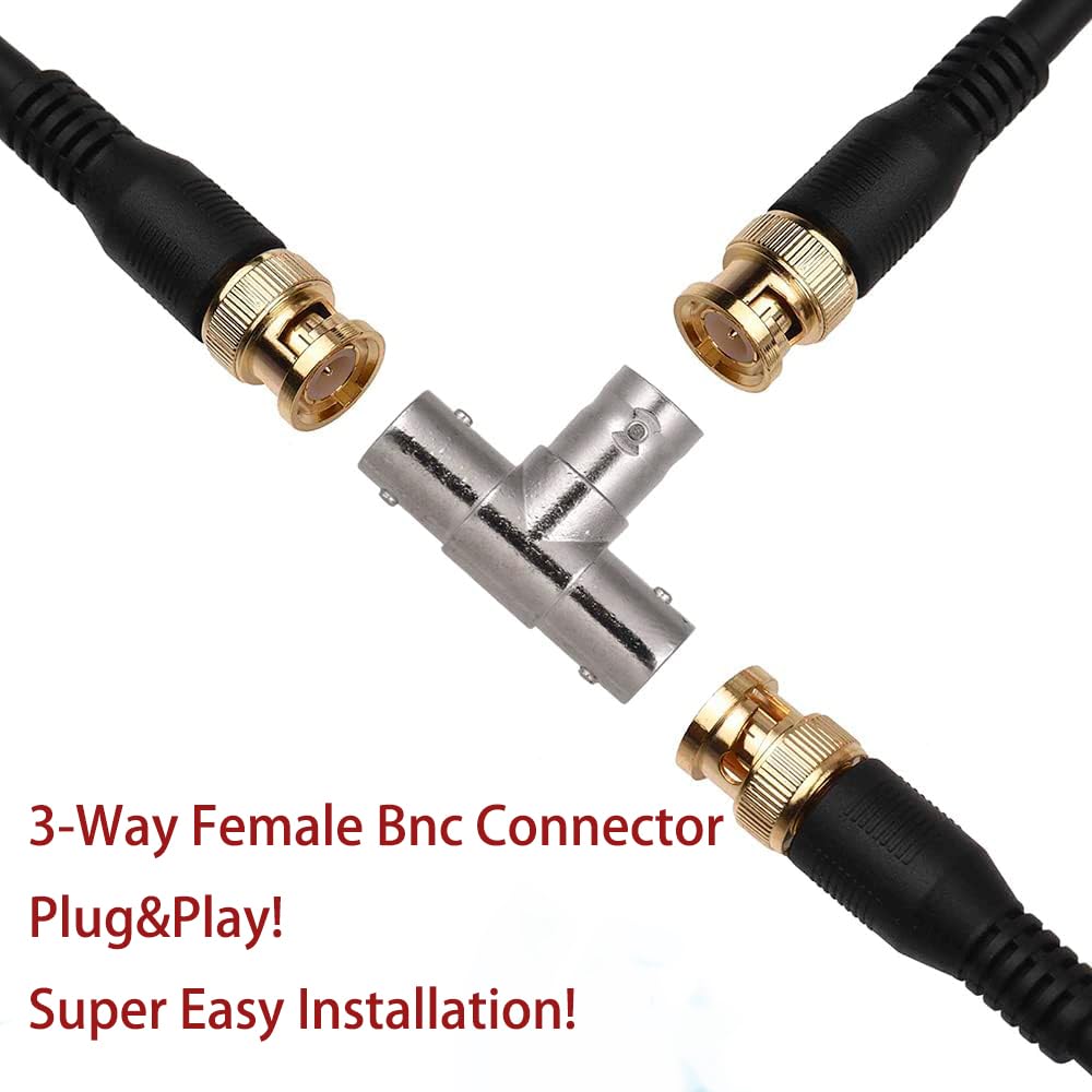 Ulightfire BNC Splitter 1 Female to 2 Female Coupler 3-Way BNC Plug Adapter T-Shape 1 in 2 Out Coaxial Connector for Antenna, CCTV, DVR, Camera 6-Pack