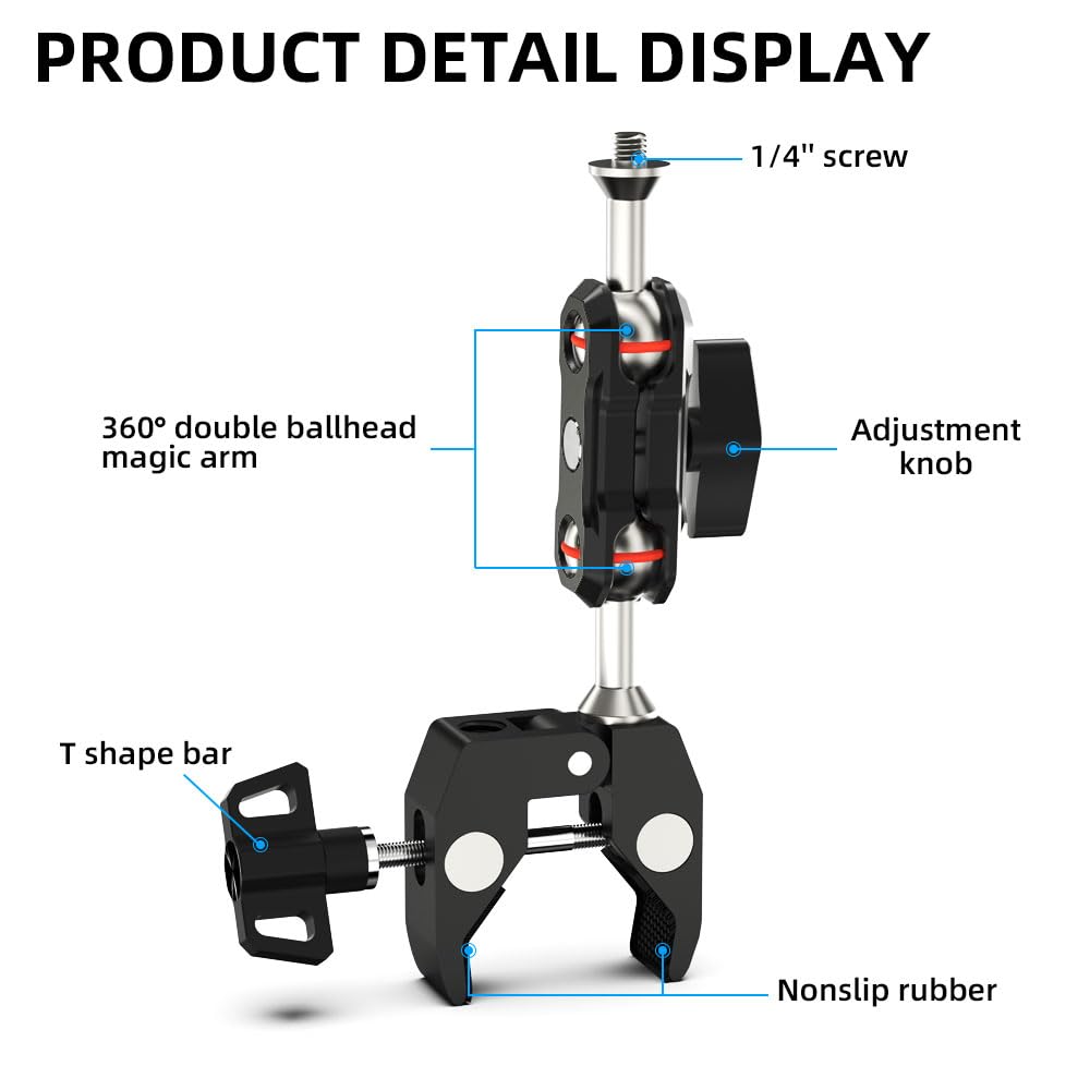 SUREWO Super Camera Clamp Mount,Super Clamp Mount with Dual Ballhead Magic Arm Compatible with Gopro Hero 13,12,11,10,9,8,7,6,5, Insta360 X4/3/2, DJI