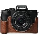 G100K Case, BMAOLLONGB Handmade PU Leather Half Camera Case Bag Cover Bottom Opening Version for Panasonic Lumix G100K with Neck Strap (Coffee)