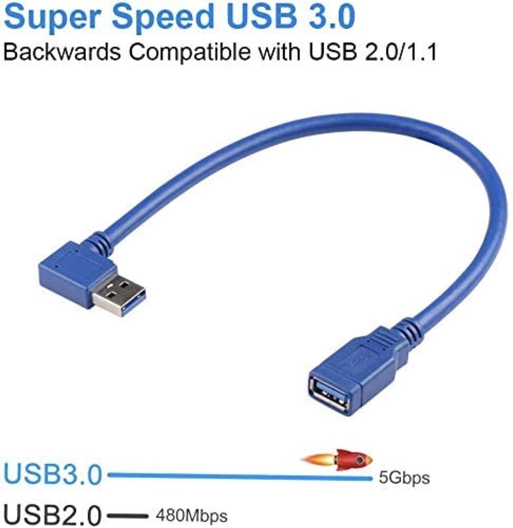 USB 3.0 Extension Cable 1FT 2 Pack 90 Degree Left & Right Angle USB Adapter Male to Female Short USB3 Cables Up & Down for Laptop TV USB Disk Mouse