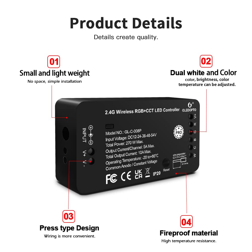 GLEDOPTO Zigbee Pro RGBCCT LED Strip Controller RGB CCT RGBW RGBWW 5 in 1 Compatible with SmartThings Amazon Echo Plus App/Voice Control (Zigbee Pro