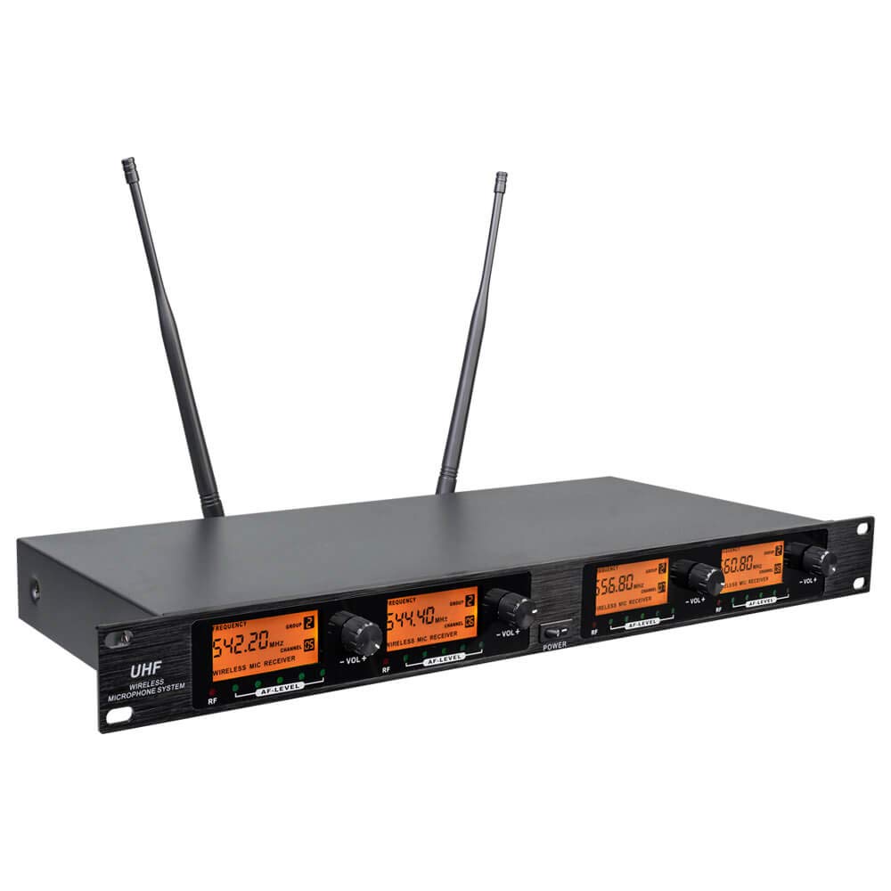 Frequency B Wireless Microphone System 4 Channel 4 Lavalier 4 Bodypacks 4 Lapel Mic 4 Headsets UHF for Karaoke System Church Speaking Conference
