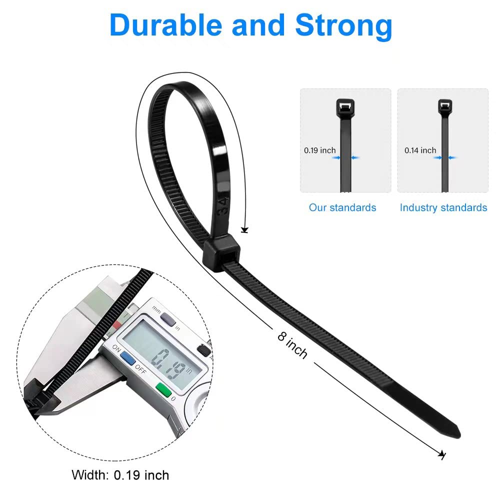 Zip Ties 8 inch Black Zip Ties 1000 Pack, Wire Ties with 50lb Tensile Strength, UV Resistant Cable Ties, Self-locking Plastic Ties for Indoor