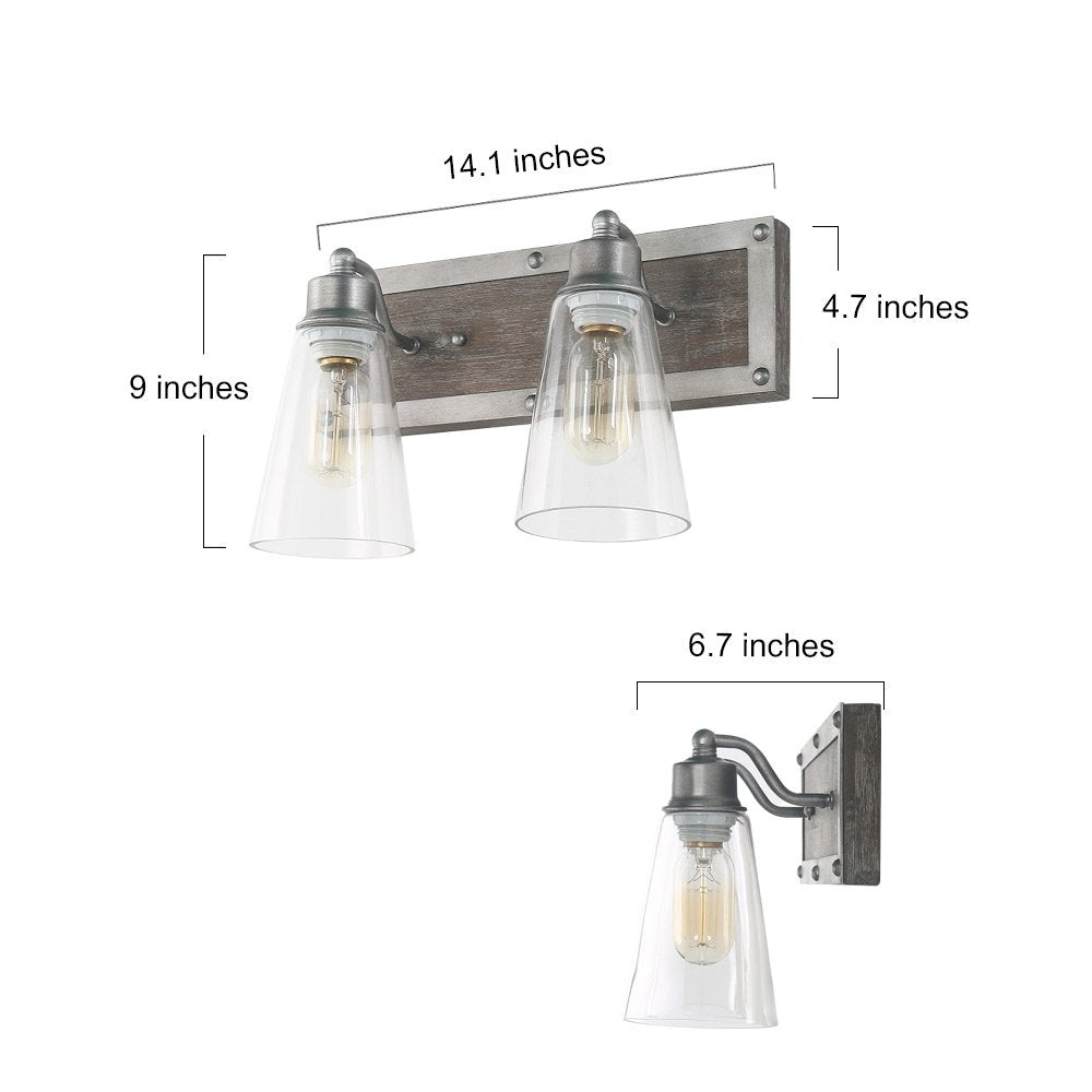 LOG BARN 2 Lights Bathroom Lighting in Real Distressed Wood and Brushed Antique Silver Finish with Cone Clear Glass Shades, 14.1" Vanity Light Fixture