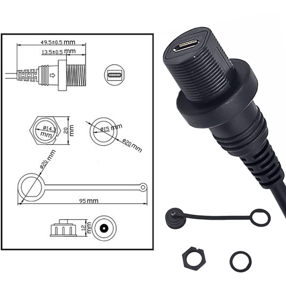 Kework Micro USB 5 Pin Flush Mount Cable, 0.3 Meter Micro USB Male to Female Dashboard Panel Mount Extension Cord for Car Truck Boat Motorcycle