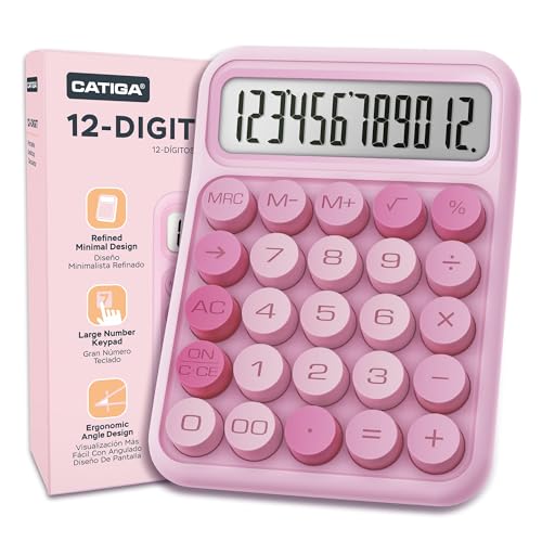 CATIGA Mechanical Switch Calculator, Pink Calculator with 12 Digit Large LCD Display & Big Buttons for Office Desk, Classroom Math, Back to School